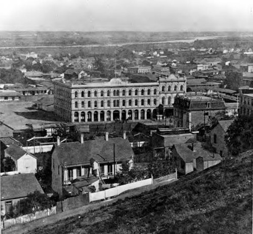 Pico House and Merced Theater from Fort Moore Hill with surrounding environment