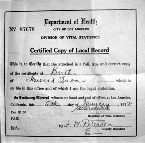 Birth certificate of Howard Quon