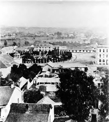 Plaza area showing Lugo Adobe, part of the Pcio House, and the Plaza Church