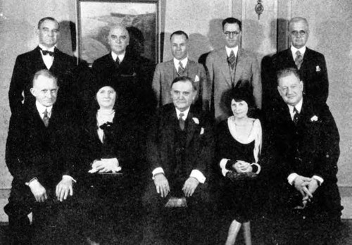 Organization committee, La Fiesta de Los Angeles- 1931 Front Row: (left to right) D.W. Pontius, Grace S. Stoermer, Isidore B. Dockweiler, Mrs. Christine Sterling, Ora E. Monette Second Row: (left to right) John G. Bullock, John G. Mott, Laurence L. Hill, Bruce A. Findley, Edwin A. Meserve