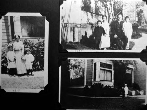 A: Mrs. Nellie Chong and children Art and Lillian- 1919 B: Family with Mr. Y.N. Chong- 1926 C: Art, Lillian, in front of house "Chinese Herb Co." W.B. Chong Mgr., 927 North Hill- 1920