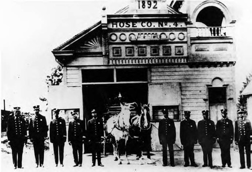 Los Angeles Firehouse, Hose Co. #4; 125 Loma Drive or Belmont Avenue near First Street. Photo shows black staff