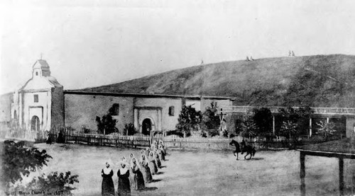 "Iglesia de Nuestra Senora La Reina de Los Angeles," from Benjamin Hayes' diaries of the late 1850's, the procession of the nuns painted in later