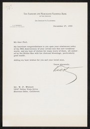 Letter to Paul Whitsett, 80th Birthday, from V. H. Rossetti, Farmers National Bank