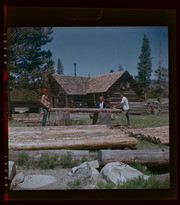 Three people peeling a log for the little cabin on Hayden Cabin land