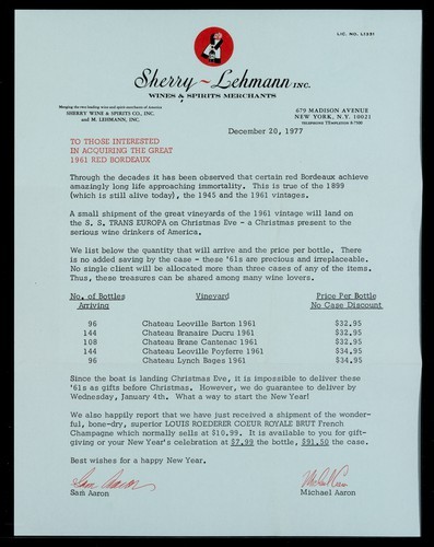 Mailing: The Great 1961 Red Bordeaux (two copies--one previously stapled to folder)