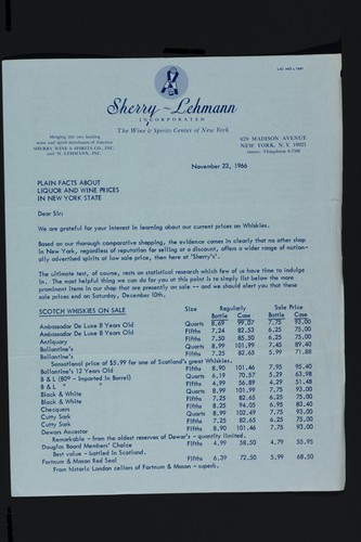 Plain Facts Liquor and Wine Prices.New York State Nov 1966