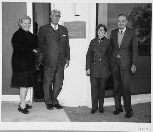 Mrs. Bruce H. Rule, Bruce H. Rule, Mary Sandage and Allan Sandage outside the Oscar G. Mayer memorial building, Palomar Observatory