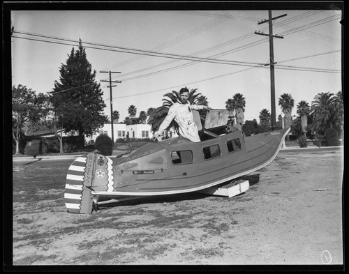 Sergeant William Burgess with Miss Iona boat, Santa Monica