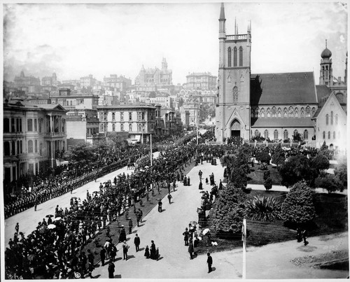 San Francisco. Crowds watching military parade, 1880