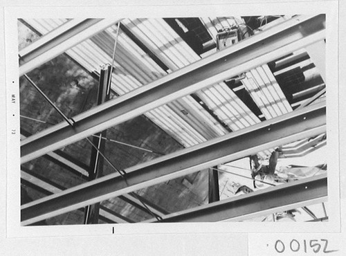 Steel framing for the construction of a computer room addition at the base of the 150-foot tower telescope, Mount Wilson Observatory