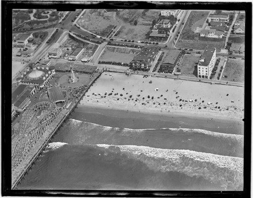 Aerial detail of Santa Monica Pier and beach south of pier