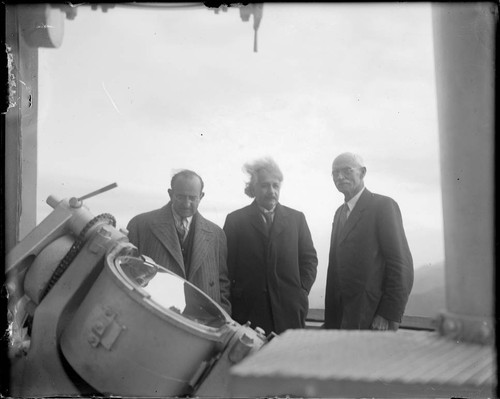 Walther Mayer, Albert Einstein and Charles St. John at the coelostat, Mount Wilson Observatory