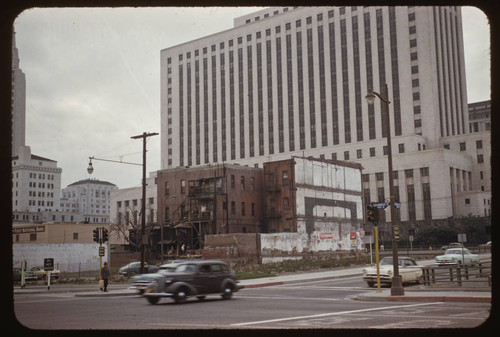 Rear view of Grand Central Hotel being demolished. Main Street at 101 Freeway