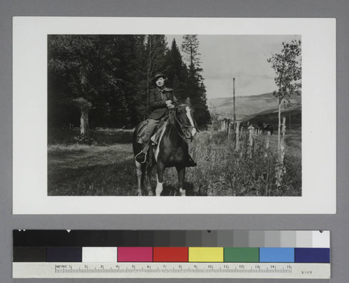 Grace Burke Hubble on horseback at the Rio Blanco Ranch, in Meeker, Colorado, 1939