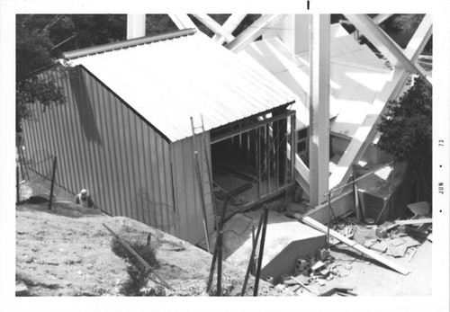 Construction of a computer room addition at the base of the 150-foot tower telescope, Mount Wilson Observatory