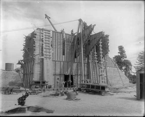 Construction of the 100-inch telescope foundation pier, Mount Wilson Observatory