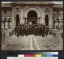 Group photograph of dignitaries and guests on the front steps of Yerkes Observatory, October 1897