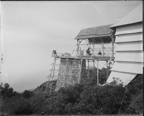 The rolling shelter of the Snow telescope building under construction, Mount Wilson Observatory