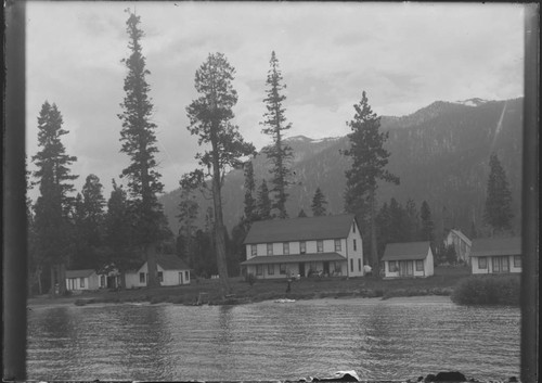 View of house and cabins near the water, Lake Tahoe, Nevada