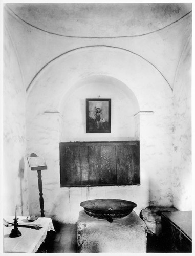 Mission San Gabriel - Baptistry with original font of hammered brass