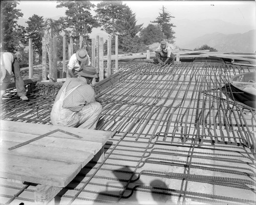 Installation of reinforcing rods in the floor of the 100-inch telescope dome, Mount Wilson Observatory