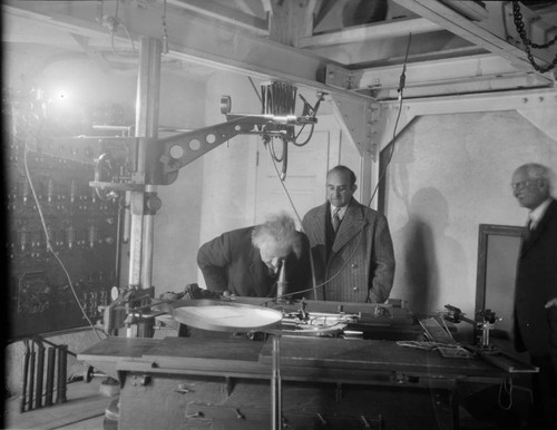 Albert Einstein and Walther Mayer at the focus of the 150-foot tower telescope, Mount Wilson Observatory