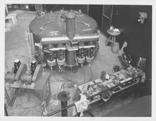 Aluminizing tank inside the 100-inch telescope dome, Mount Wilson Observatory