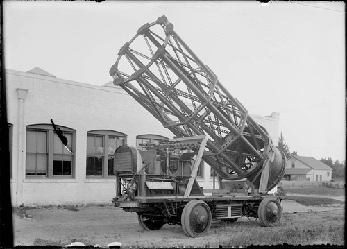 Assembled 60-inch telescope tube, on truck for transport to Mount Wilson Observatory