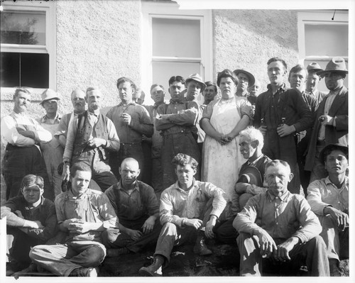 Construction workers and cook, posing outside the Monastery at Mount Wilson Observatory