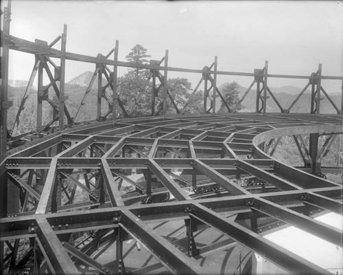 Steel framing for the balcony of the 100-inch telescope building, Mount Wilson Observatory