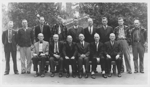 Group portrait of 15 Mount Wilson Observatory shop staff employees, Pasadena