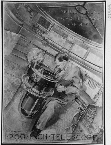 Drawing of the prime focus observing position and pedestal of the 200-inch telescope, drawn by Russell W. Porter