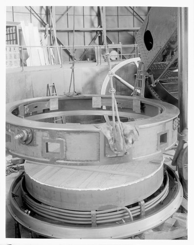 Installation of the ring over the 100-inch telescope mirror, Mount Wilson Observatory