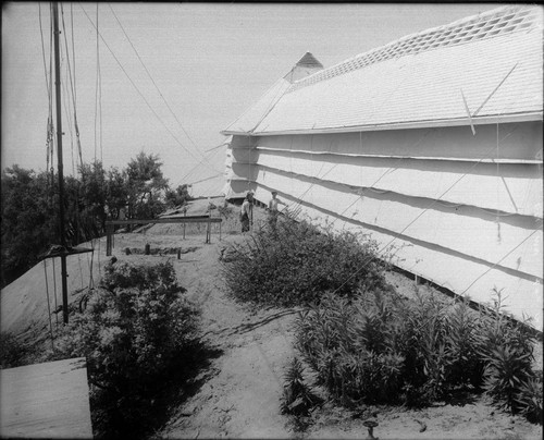 Early construction of the 60-foot tower adjacent to the Snow telescope building, Mount Wilson Observatory