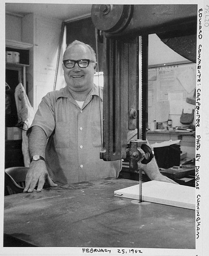 Edward Commentz at a table saw in Mount Wilson Observatory's machine shop, Pasadena