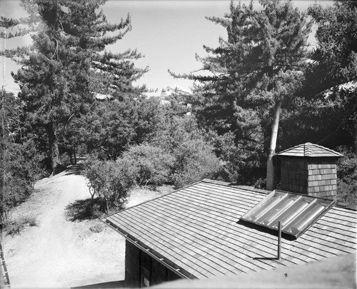 Monastery roof with solar power panels, Snow telescope building in distance, Mount Wilson Observatory