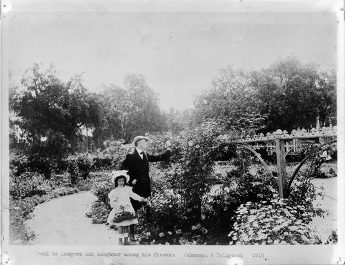 Paul de Longpre & daughter among his flowers, ca. 1910. Cahuenga & Hollywood, 1910