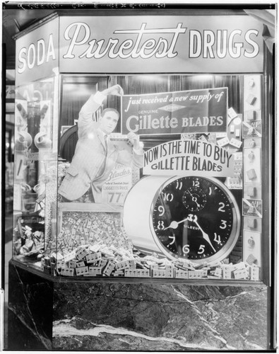 Liggett and Puretest Drug Store window display, Euclid and Colorado, Pasadena. 1929