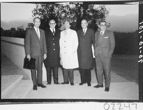 Five men posed outside Palomar Observatory for the dedication of the 60-inch telescope