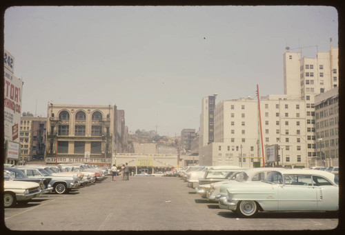 Broadway between 2nd and 3rd Streets, seen from Spring Street through parking lots