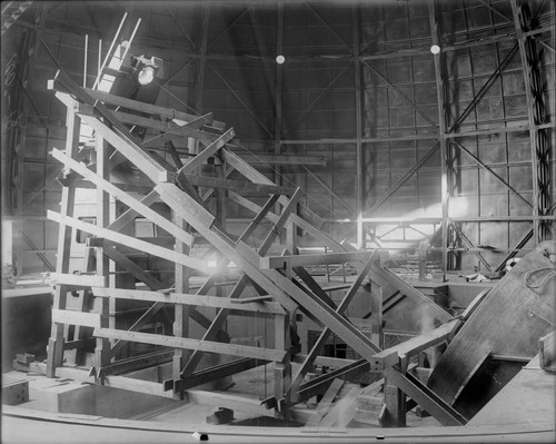 Wooden scaffolding between pedestals for the 100-inch telescope, Mount Wilson Observatory