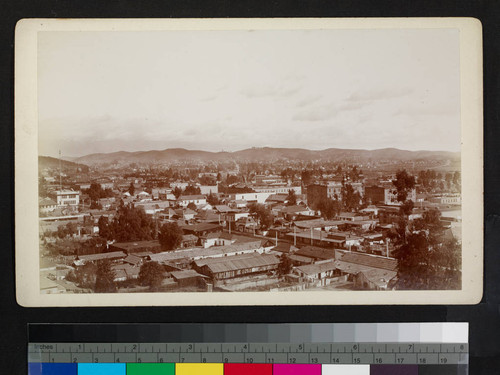 Looking north from Fort Hill. Llewellyn Iron Works--N.E. corner of North Main and East Redondo. Crescent Milling Co., College of Medicine, University of Southern California. 737 Buena Vista (Westside)