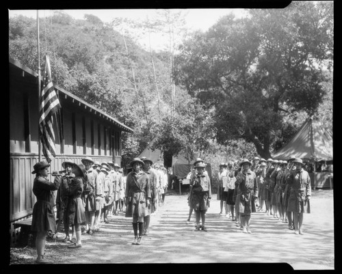 Girl Scout troop standing in formation, Santa Monica Girl Scout camp