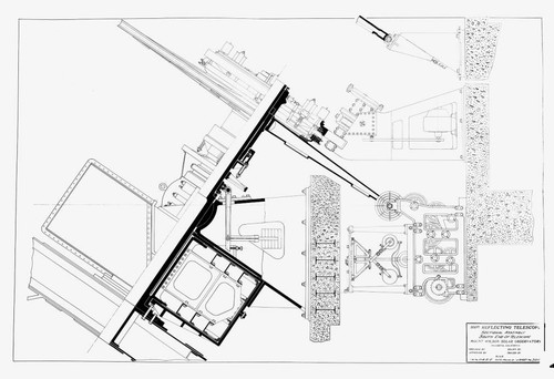 Technical drawing showing the sectional assembly of the Hooker Reflecting Telescope, Mount Wilson Observatory