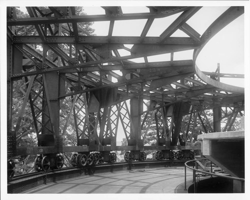 Close-up view of the rails, tricks and framework of the balcony of the Hooker telescope dome, Mount Wilson Observatory