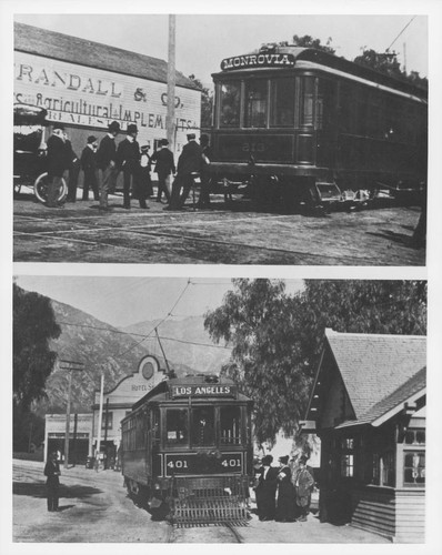 Two photographs: Arrival of the first 'Big Red Car' in Monrovia, California, 1903 ; Sierra Madre Red Line station, 1906