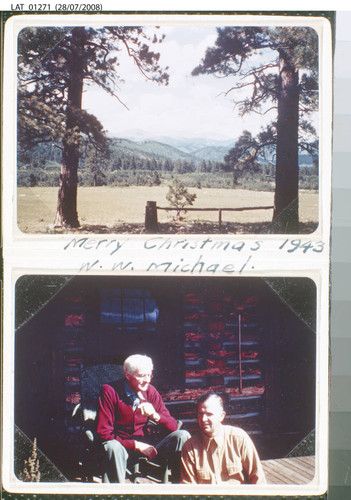 Harry Chandler & W.W. Michael on front porch of cabin