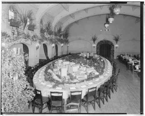 Banquet table set for Detroit and Cleveland Party at the Huntington Hotel, 1401 South Oak Knoll, Pasadena. 1925