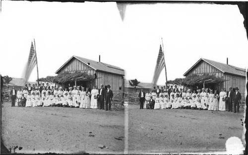 Delegation from Orphan Asylum visiting U.S. Indian Agent G. W. Ingalls at Muskogee, Indian Territory, on the M.K.& T.R.R. (Missouri, Kansas and Texas Railroad)